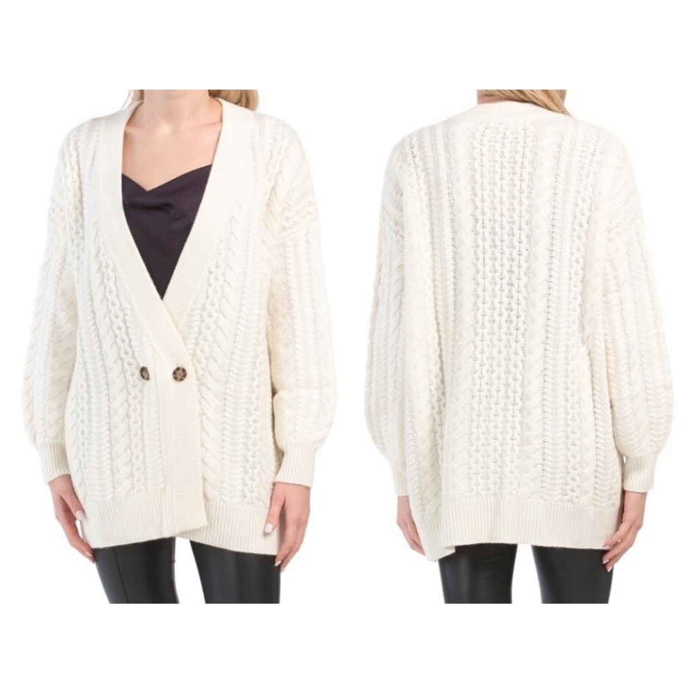 NAADAM Double Breasted Cardigan Womens M Ivory Wool Cashmere Cable Knit Oversize